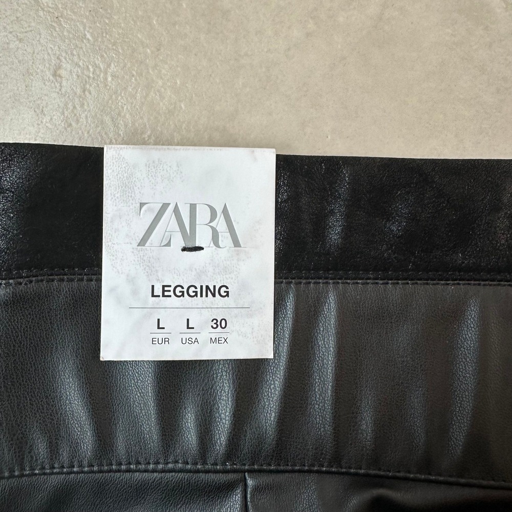 NWT Zara Faux Leather Leggings Womens Large Black High Rise Edgy Moto Zip Hem - Picture 9 of 9